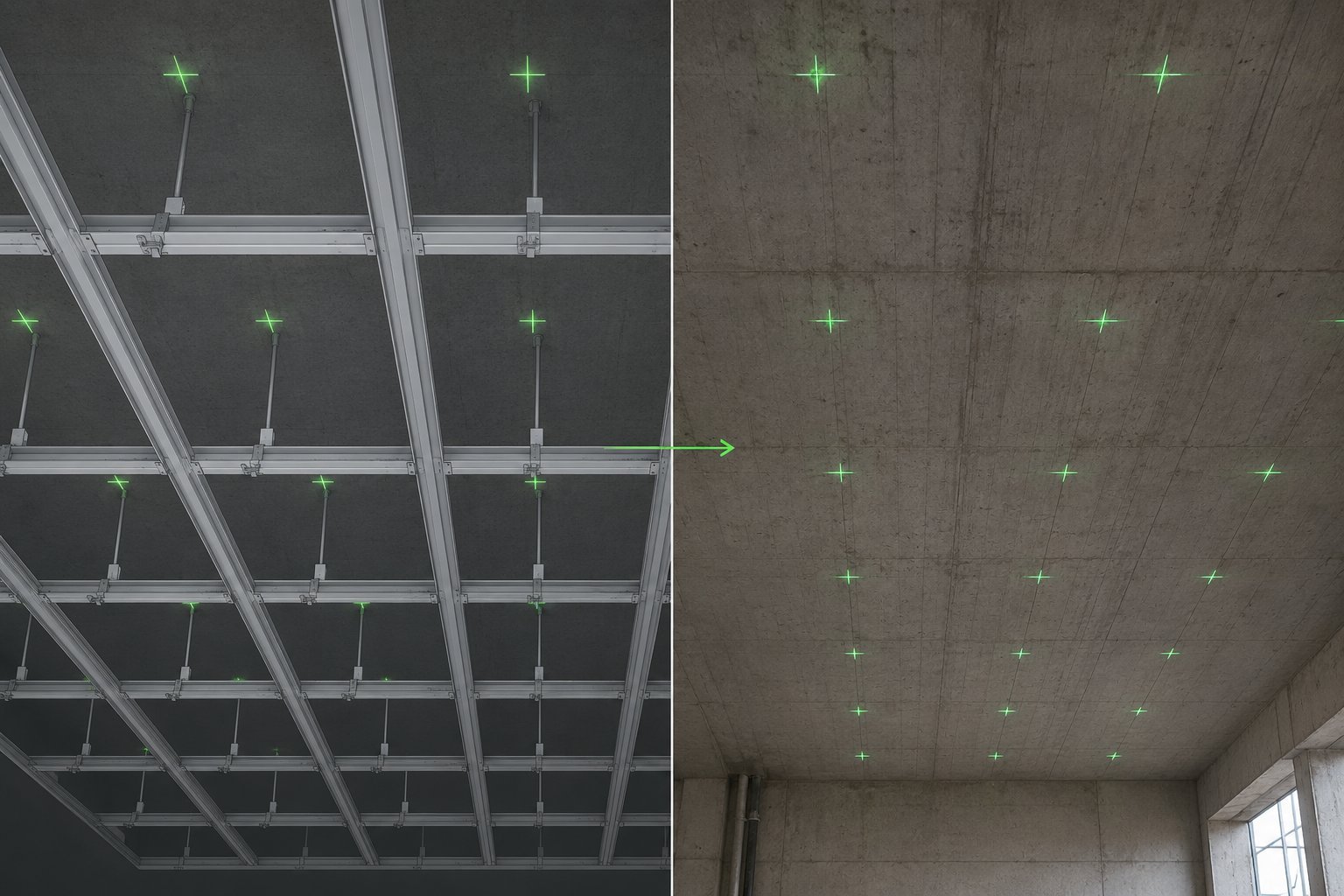 Diptychon: links das 3D-Modell der Unterkonstruktion einer abgehängten Decke mit grün markierten Abhängepunkten, rechts die Rohdecke mit grünen Laserkreuzen im gleichen Raster.