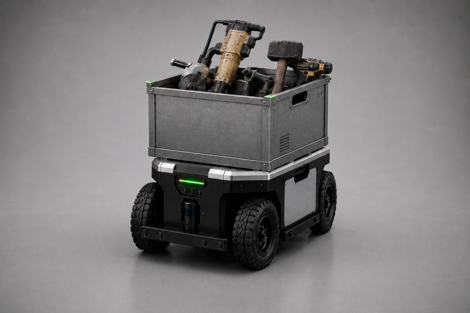 PRALEX-Follow-Me-Roboter – Werkzeugträger mit Stahlkorb. Konzeptvisualisierung.