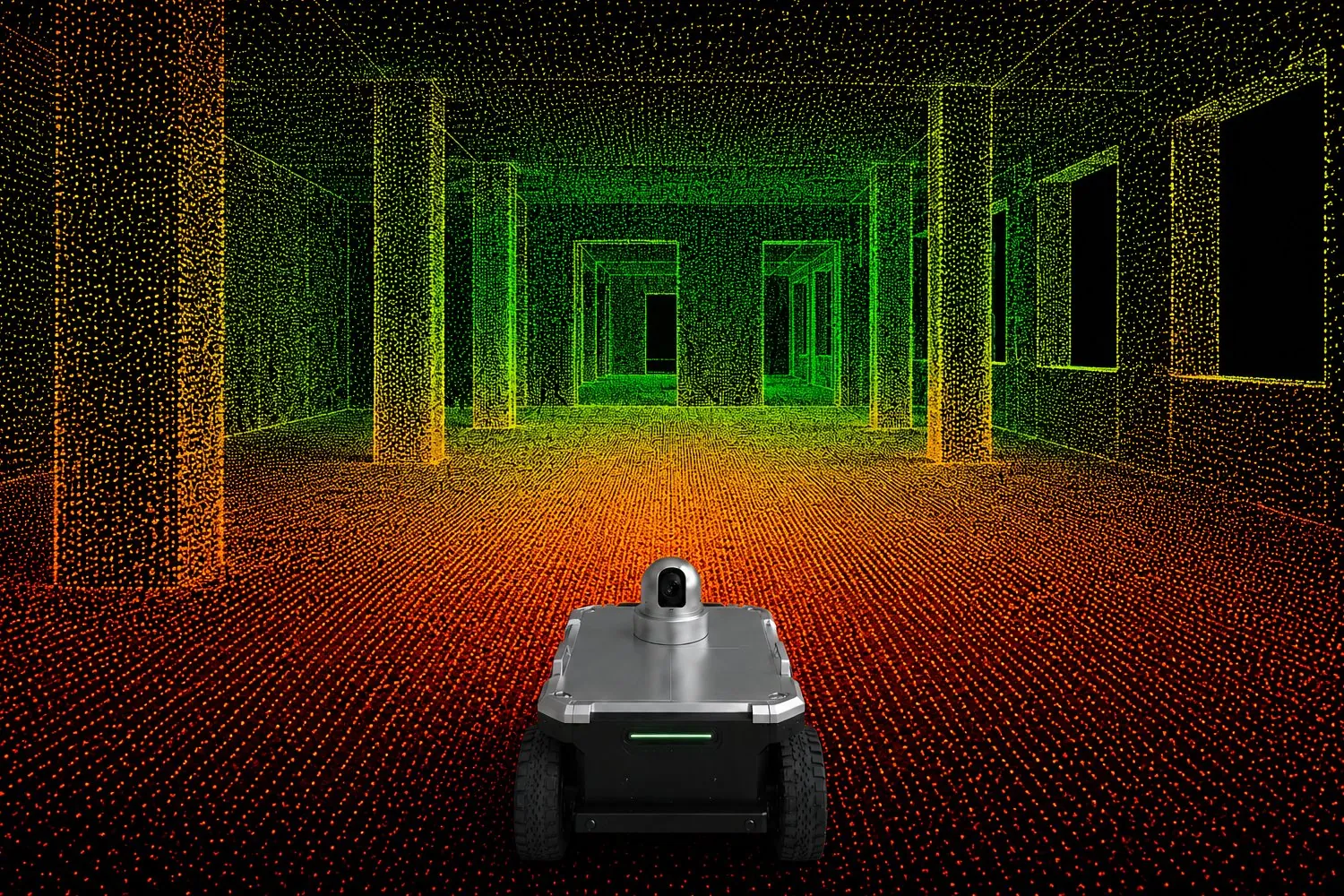 Konzeptvisualisierung: derselbe Rohbau-Raum als 3D-LIDAR-Punktwolke – Boden, Wände, Stützen und Öffnungen aus vielen einzelnen, nach Entfernung eingefärbten Punkten; der Roboter steht im Vordergrund.