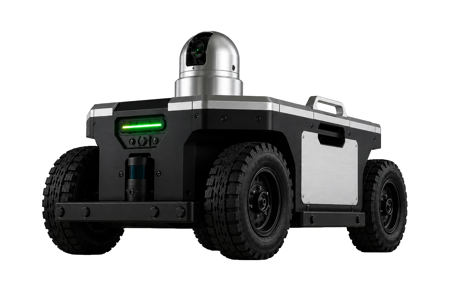 Designstudie des PRALEX-Markierungsroboters: Aluminium-Chassis auf Geländerädern, Pan-Tilt-Modul mit grünem Markierungslaser, Statusleiste, LIDAR und Kamera. Konzeptvisualisierung, kein Foto eines verfügbaren Produkts.
