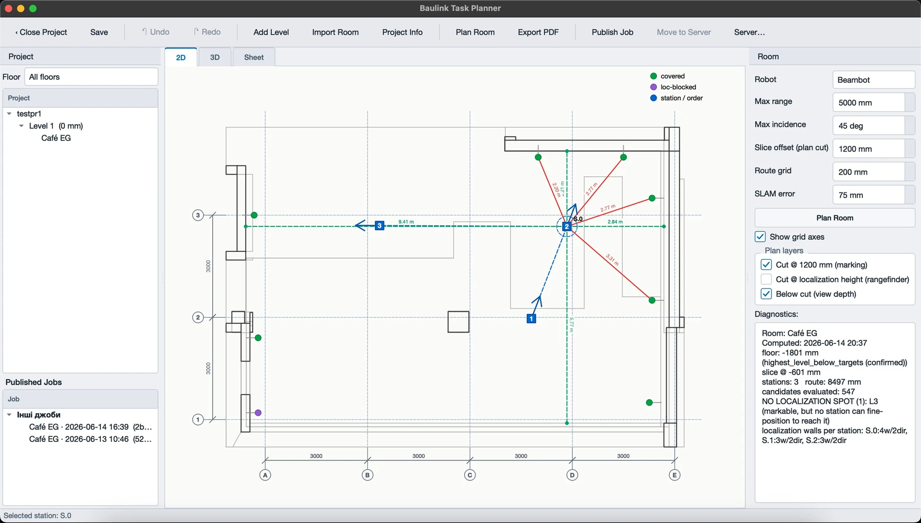 Screenshot des PRALEX Planners: 2D-Grundriss eines Raums mit Standpunkt, erreichbaren Punkten, geplanter Route und einem Diagnose-Panel mit Kennzahlen.